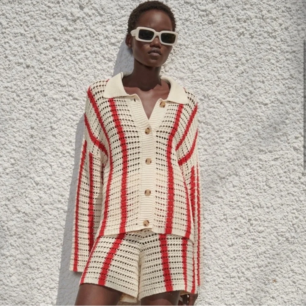 Zara Crochet Cardigan, buttons, beige/ red, striped, NWOT, M - Picture 2 of 6